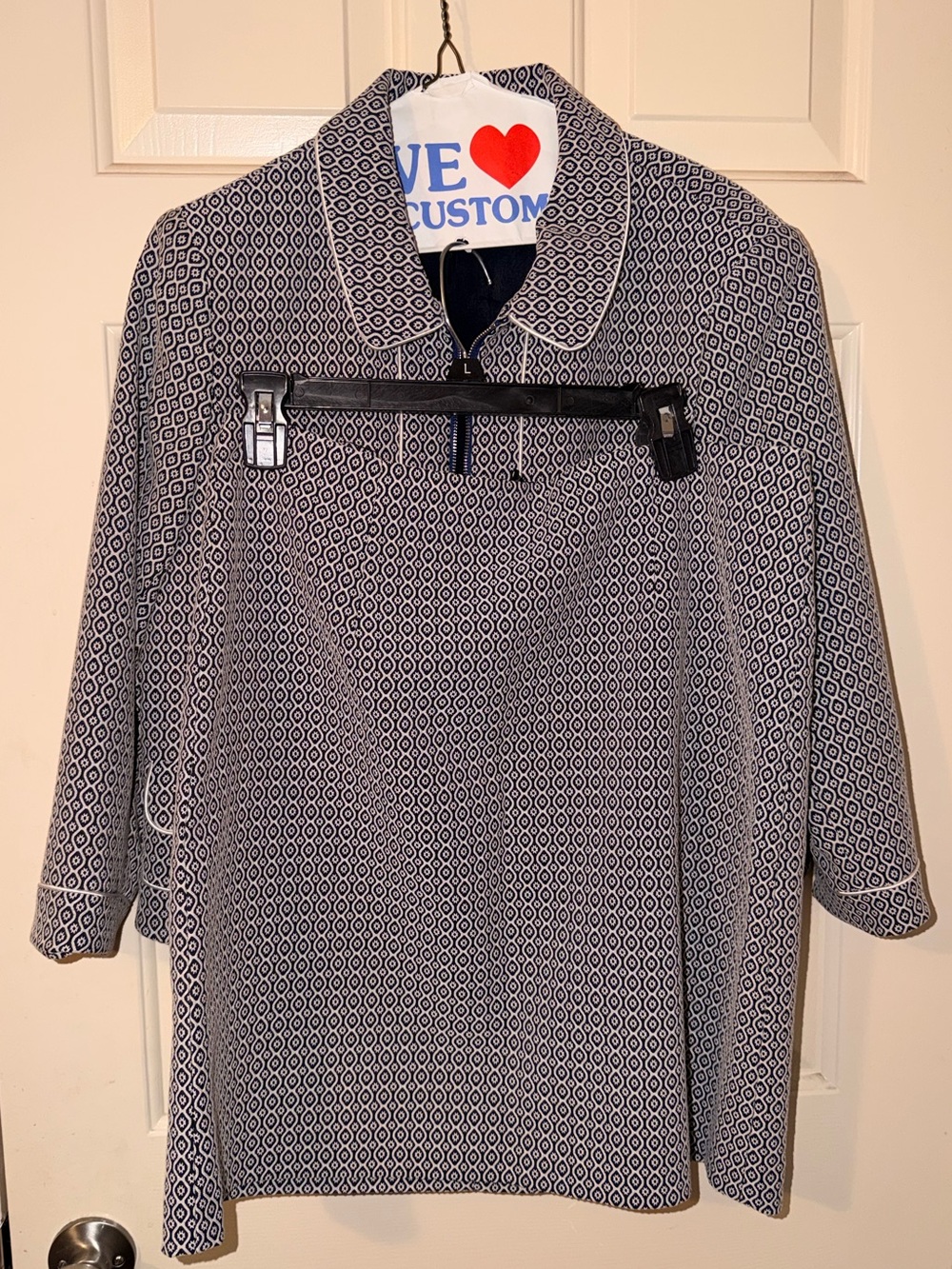 Classic Navy & White Geometric women’s petite skirt suit.